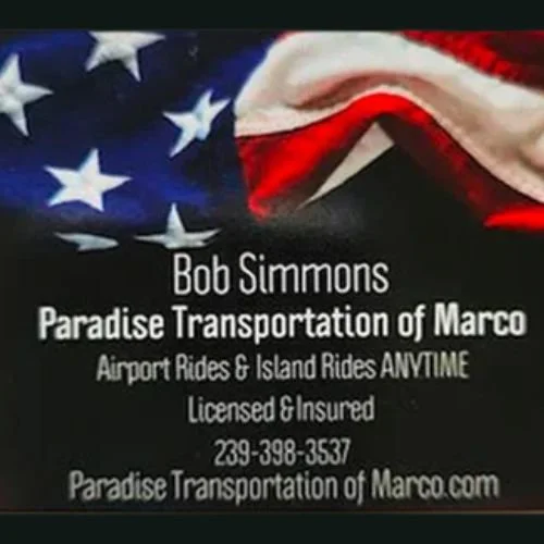 Business card for Bob Simmons Paradise Transportation of Marco with an American flag background, offering airport and island rides, licensed and insured, with contact information and website.