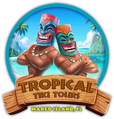 Two cartoon tiki statues with crossed arms and big smiles, on a tropical beach with palm trees and mountains, promoting Tropical Tiki Tours at Marco Island, Florida.