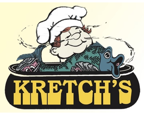 Cartoon logo of a chef with a smiling face and a chef's hat, holding a large pan filled with fish, with a fish peeking out. The text reads "Kretch's" in bold yellow letters.