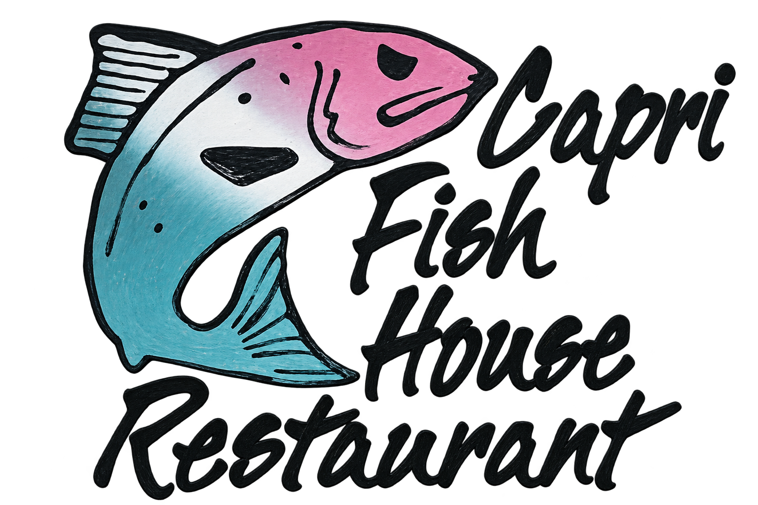 Illustration of a fish with a pink and blue gradient, accompanied by the text 'Capri Fish House Restaurant' in black cursive.