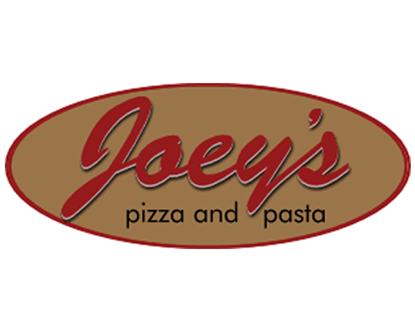 Logo for Joey's pizza and pasta with a brown oval background and red script text.