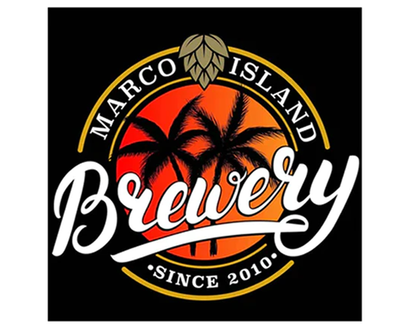 Logo for Marco Island Brewery with palm trees, a sunset background, and text indicating it has been open since 2010.