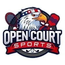 Logo for Open Court Sports featuring an eagle wearing a patriotic headband, holding a tennis racket and a boxing glove, with the text 'Open Court Sports' beneath.