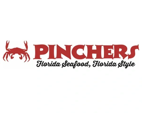 Logo for Pinchers featuring a red crab illustration and the text "Pinchers Florida Seafood, Florida Style" in black.