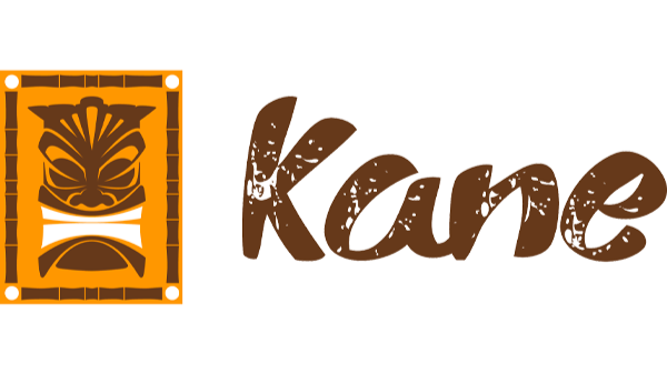 Logo with a stylized butterfly design inside an orange square frame and the word 'Kane' in brown, distressed font.