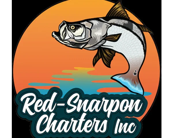 Logo for Red-Snapper Charters Inc featuring a red snapper fish jumping out of water with an orange background.