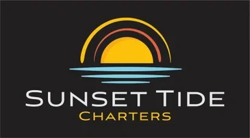 Sunset over water with a boat silhouette and the text 'Sunset Tide Charters'