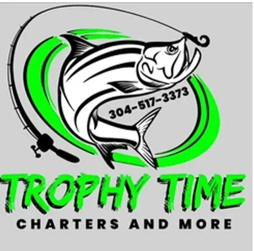 A logo featuring a large fish with a fishing rod, a phone number, and the text 'Trophy Time Charters and More' in green and black.