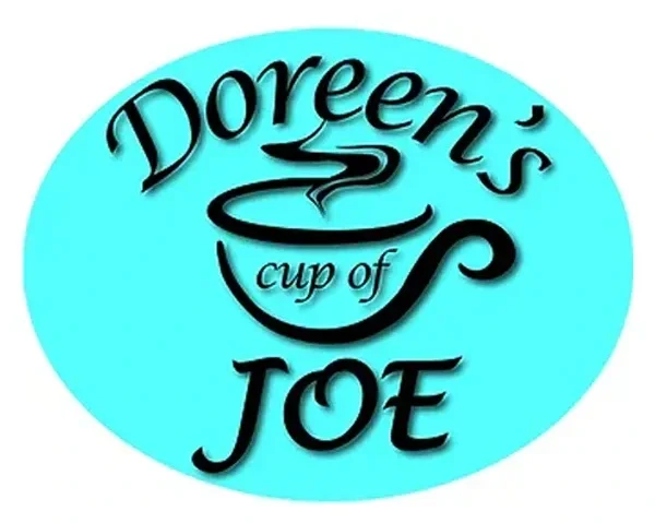 Logo with light blue oval background featuring black stylized text that reads "Doreen's cup of JOE" with a steaming coffee cup illustration.