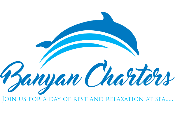 Logo for Banyan Charters featuring a blue dolphin and the text 'Join us for a day of rest and relaxation at sea'.