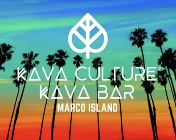Logo for Kava Culture Kava Bar on Marco Island with a stylized leaf icon and a backdrop of a colorful sunset with palm trees.