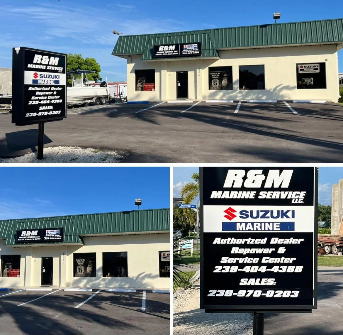 Exterior of a building with signs for R&M Marine Service LLC, Suzuki Marine, and a signboard displaying contact information for the dealership and service center. The building has a green roof, and there is a boat on a trailer in the parking lot.