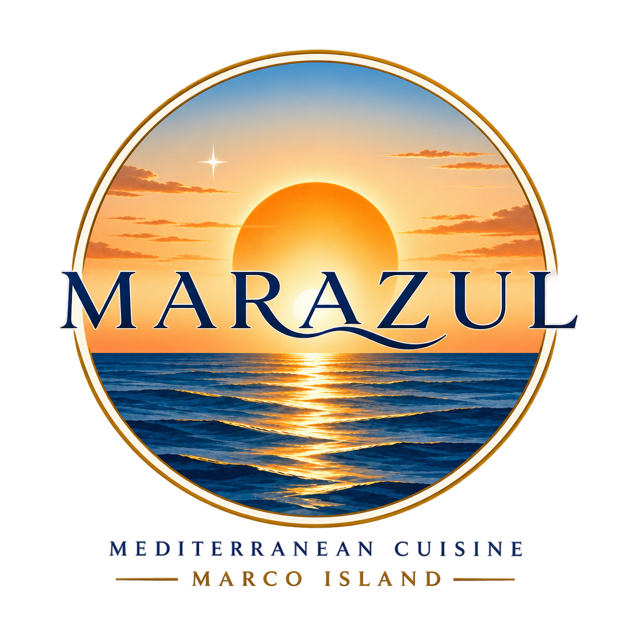Logo for Marazul Mediterranean Cuisine featuring a sunset over the ocean with a star in the sky and the text "MARAZUL" across the center, with additional text "Mediterranean Cuisine" and "Marco Island" at the bottom.