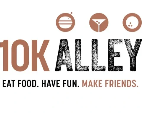 Logo for 10K Alley with icons of a burger, cocktail, and popcorn above the text.