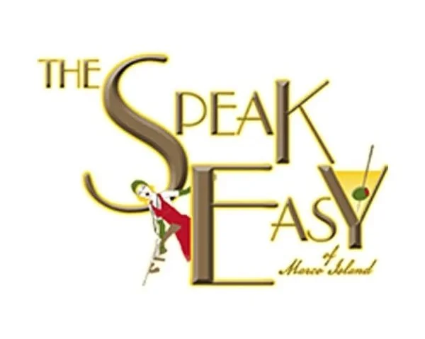 Logo for 'The Speak Easy of Marco Island' featuring stylized text with a woman in a red dress leaning against the letter 'S' and a Martini glass with an olive.