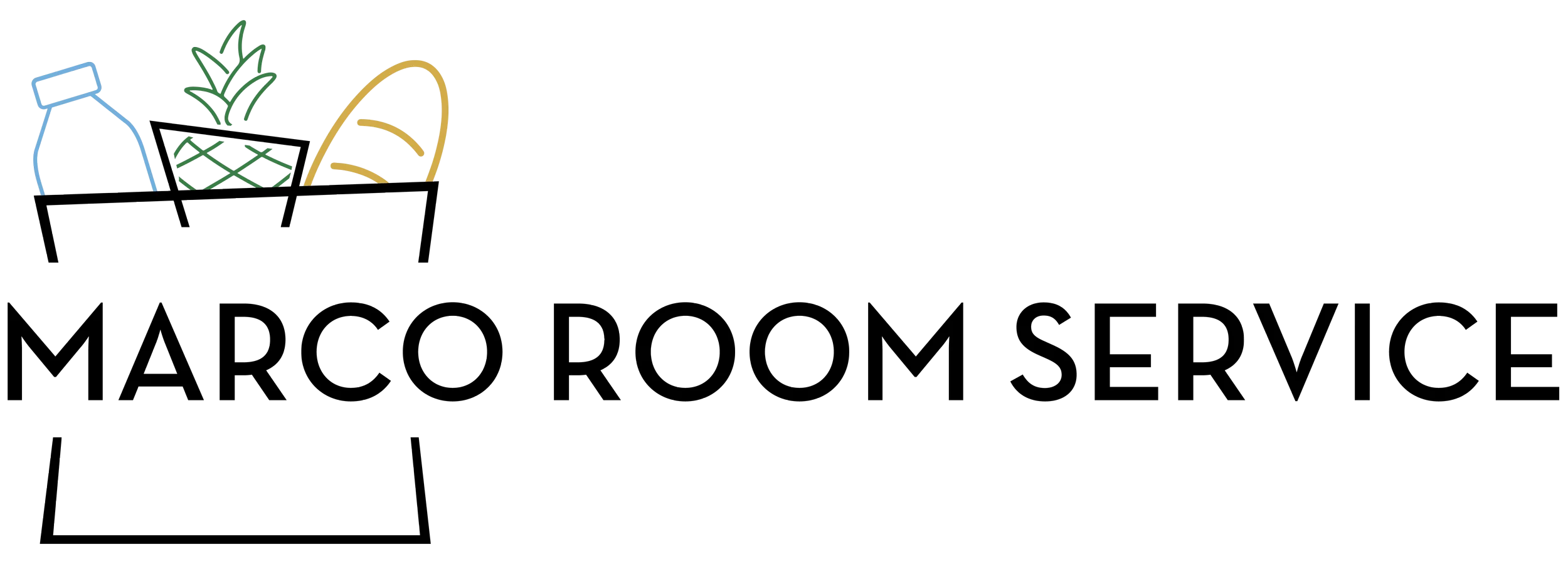 Logo for Marco Room Service featuring an illustration of a tray with a bottle, a pineapple, and a banana above the text.
