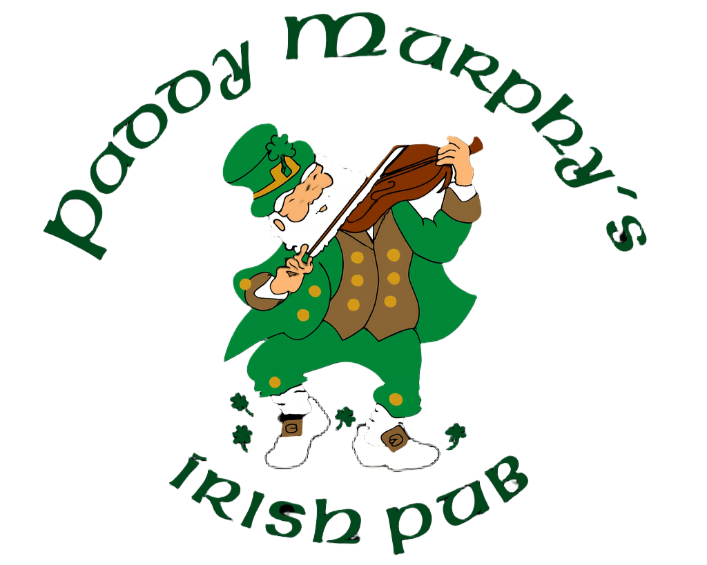A cartoon leprechaun playing a violin, wearing a green hat with a shamrock, green coat, and white shoes with buckles. The text reads 'Paddy's Irish Pub' curved above and below the leprechaun.
