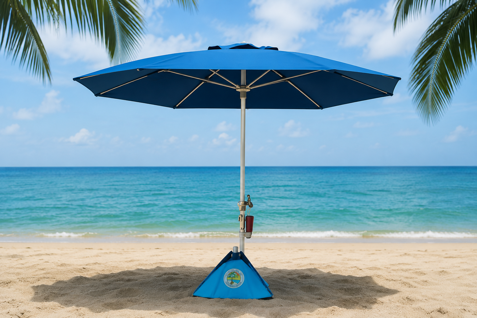 Blue beach umbrella set up on sandy beach with palm leaves above, overlooking calm ocean and blue sky.