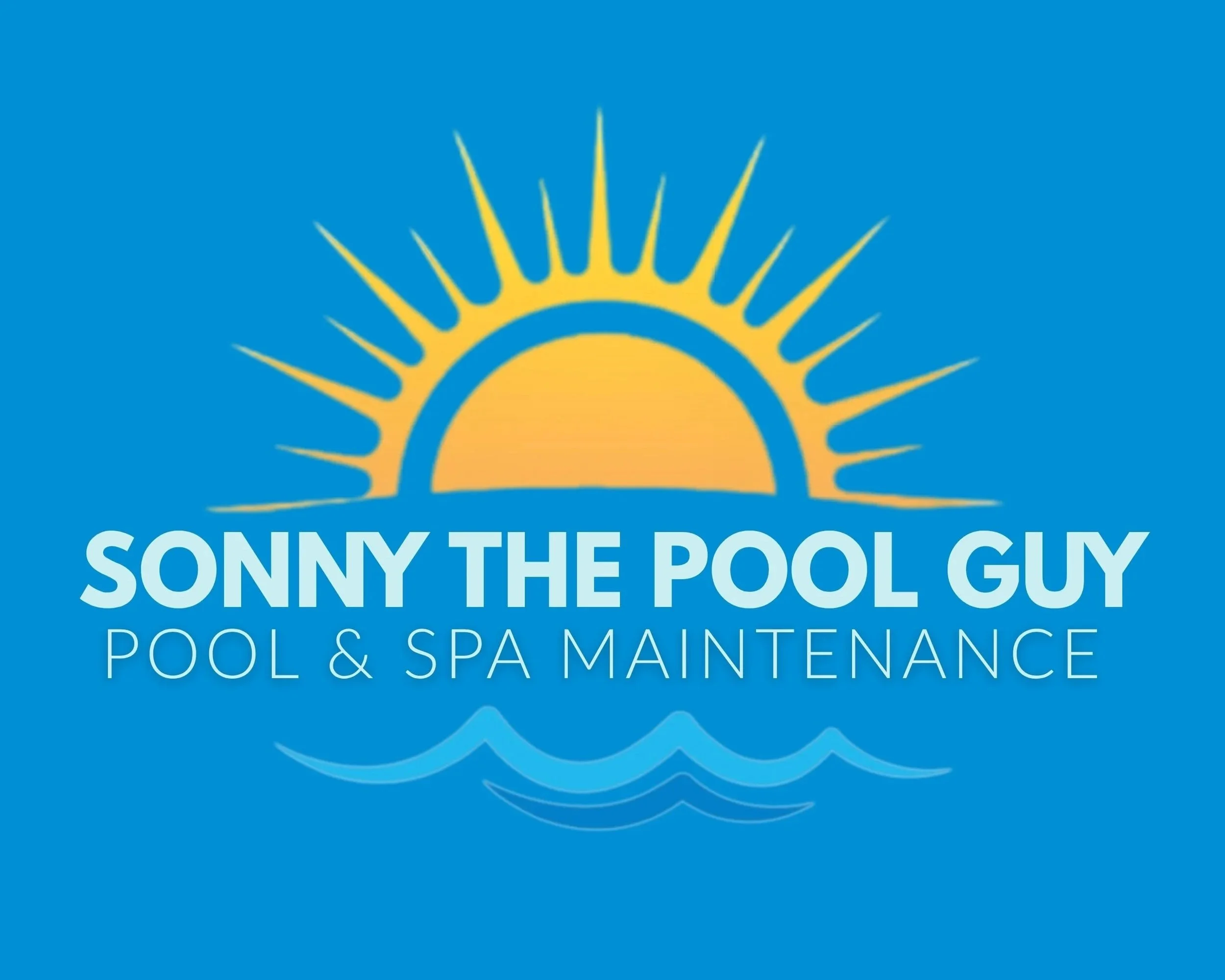 Logo of Sonny the Pool Guy Pool & Spa Maintenance showing a partially visible yellow sun with rays above the company name on a blue background.