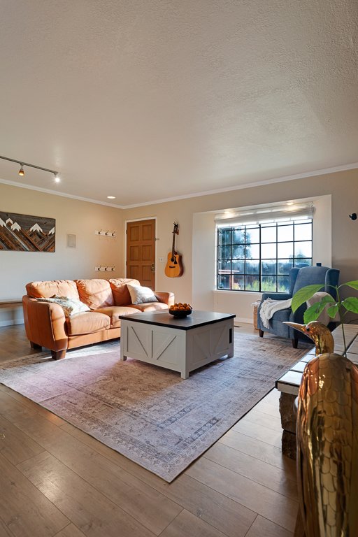 Living room with peach sofa, gray armchair near window, guitar hanging on wall, large window with cityscape view, decorative items, and a neutral-toned rug.
