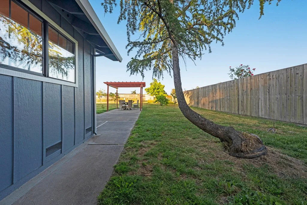 A backyard with a curved leaning tree, a concrete pathway, a blue house with large windows, and a wooden fence, with a patio table and chairs under a red pergola in the background.