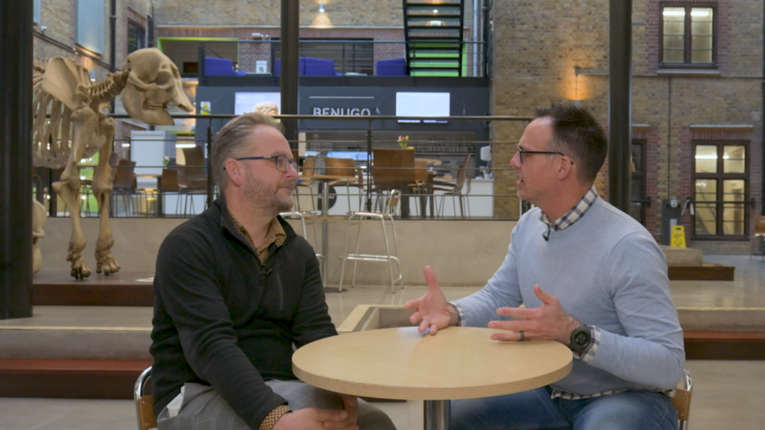Dr. K. Aleks Schaefer sits with Dr. Steven Van Winden at the Royal Veterinary College, University of London
