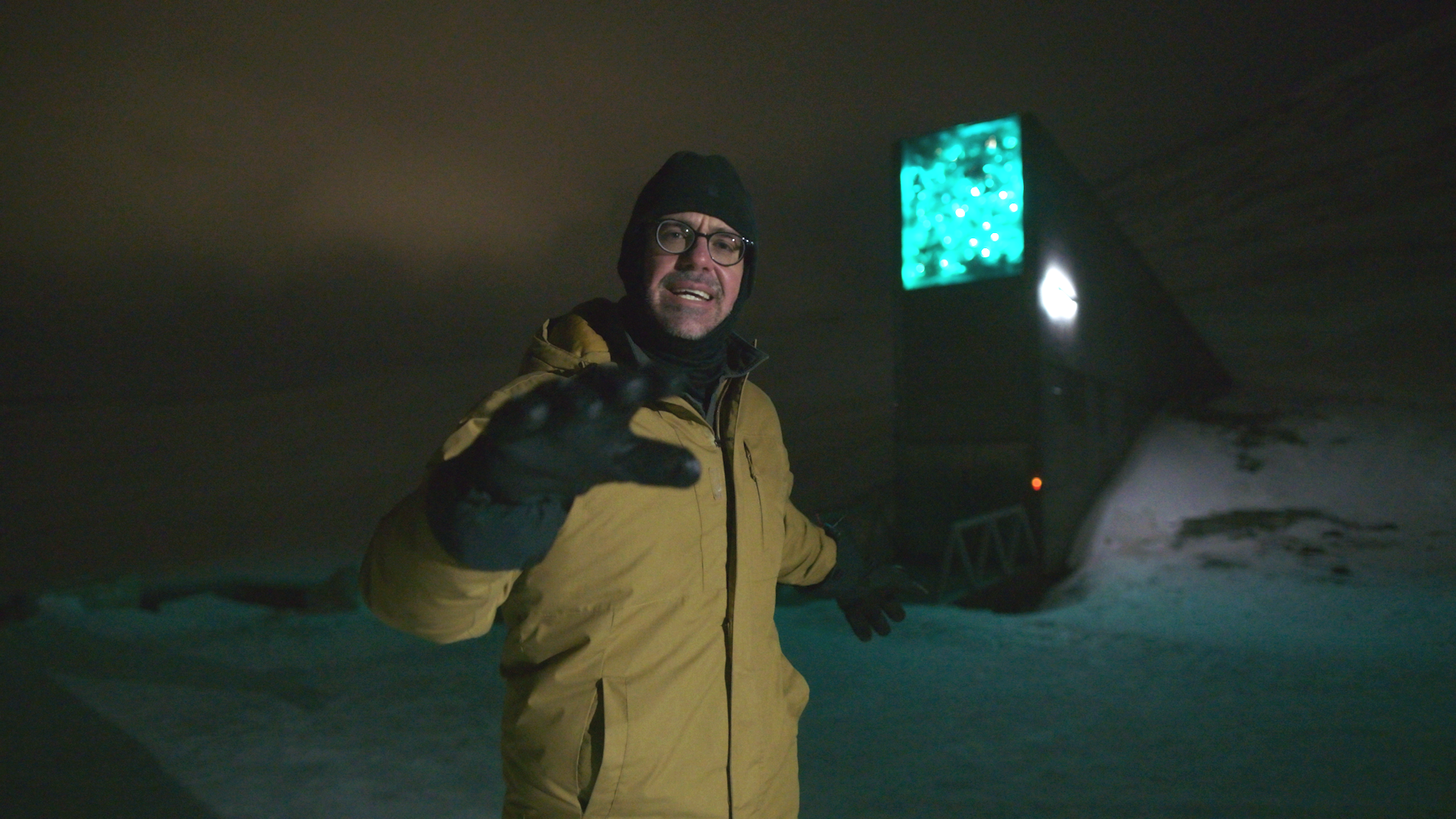 Dr. K. Aleks Schaefer in front of the Svalbard Global Seed Vault