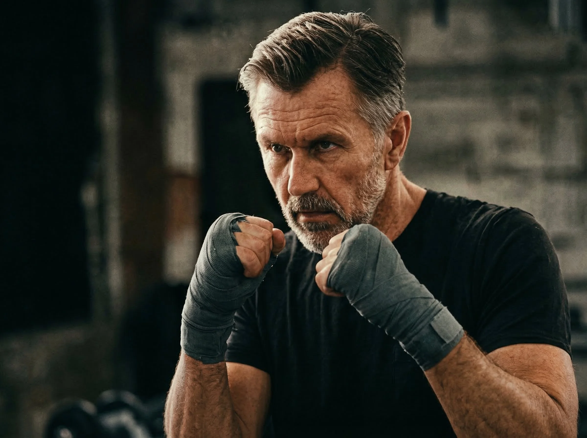 Zwei ältere Männer beim Boxtraining, einer schlägt in die Pratzen des anderen, beide tragen Boxhandschuhe, im Fitnessstudio.