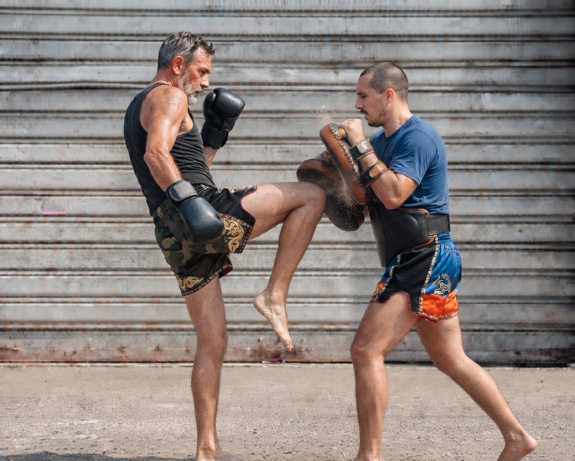 Zwei Männer im Kampfsporttraining, einer mit schwarzen Boxhandschuhen, der andere mit einem Patschen-Target, draußen vor einer Metall-Torwand.