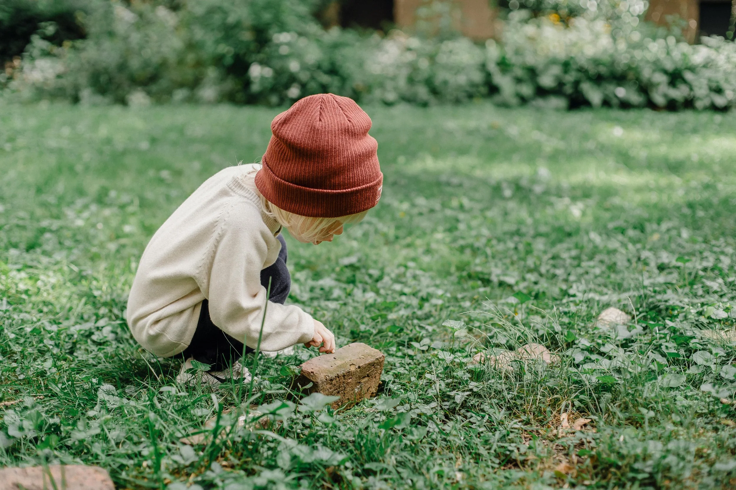 Child in a tan sweater and red knit hat crouching on grass and holding a brick or stone outdoors.