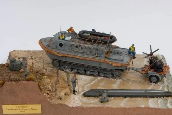 Diorama of a military scene with Land Wasser Schlepper.