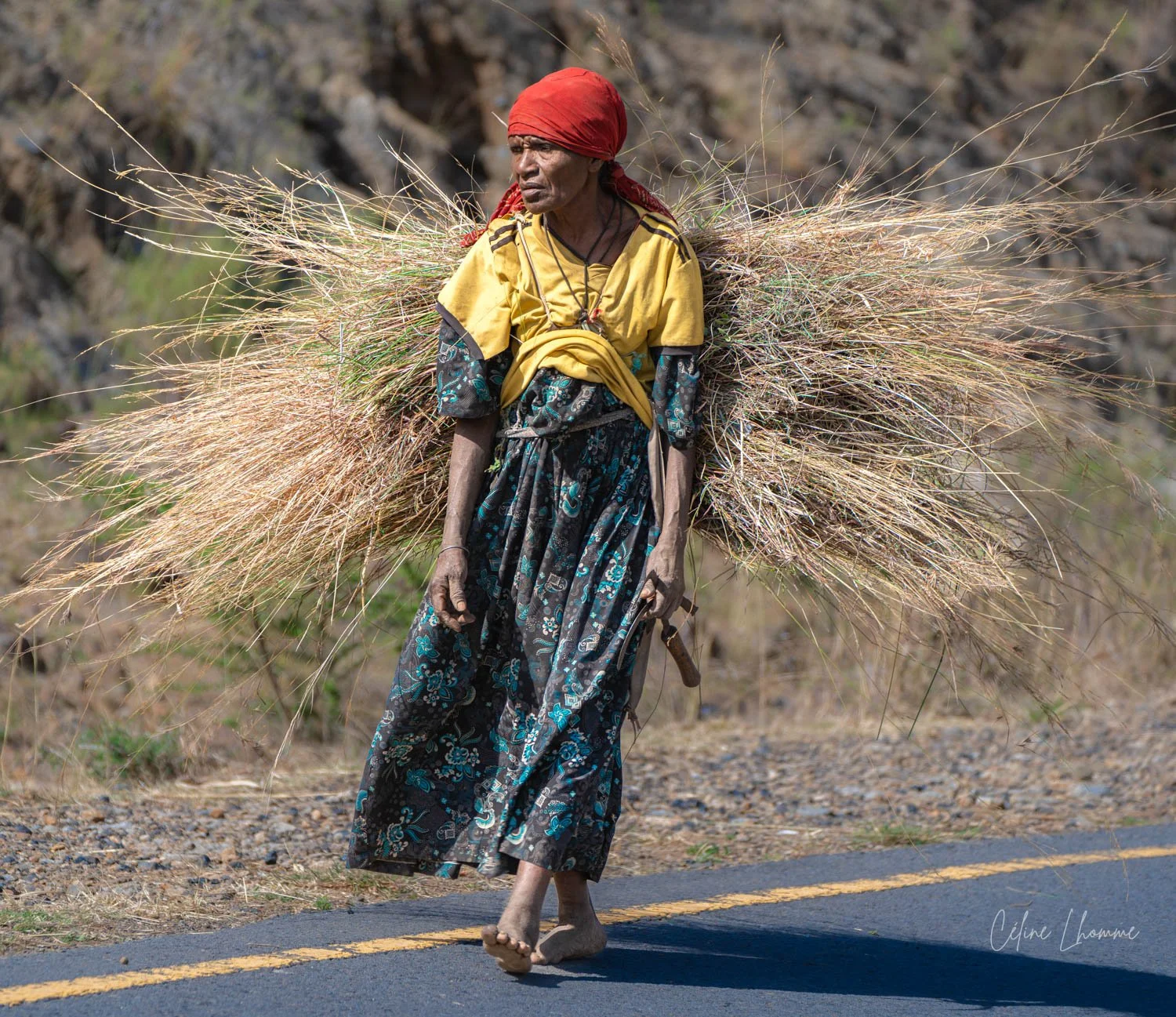 An elderly woman walking barefoot along a paved road, carrying a large bundle of dry grass on her back, wearing a yellow top, patterned skirt, red headscarf, and traditional jewelry.