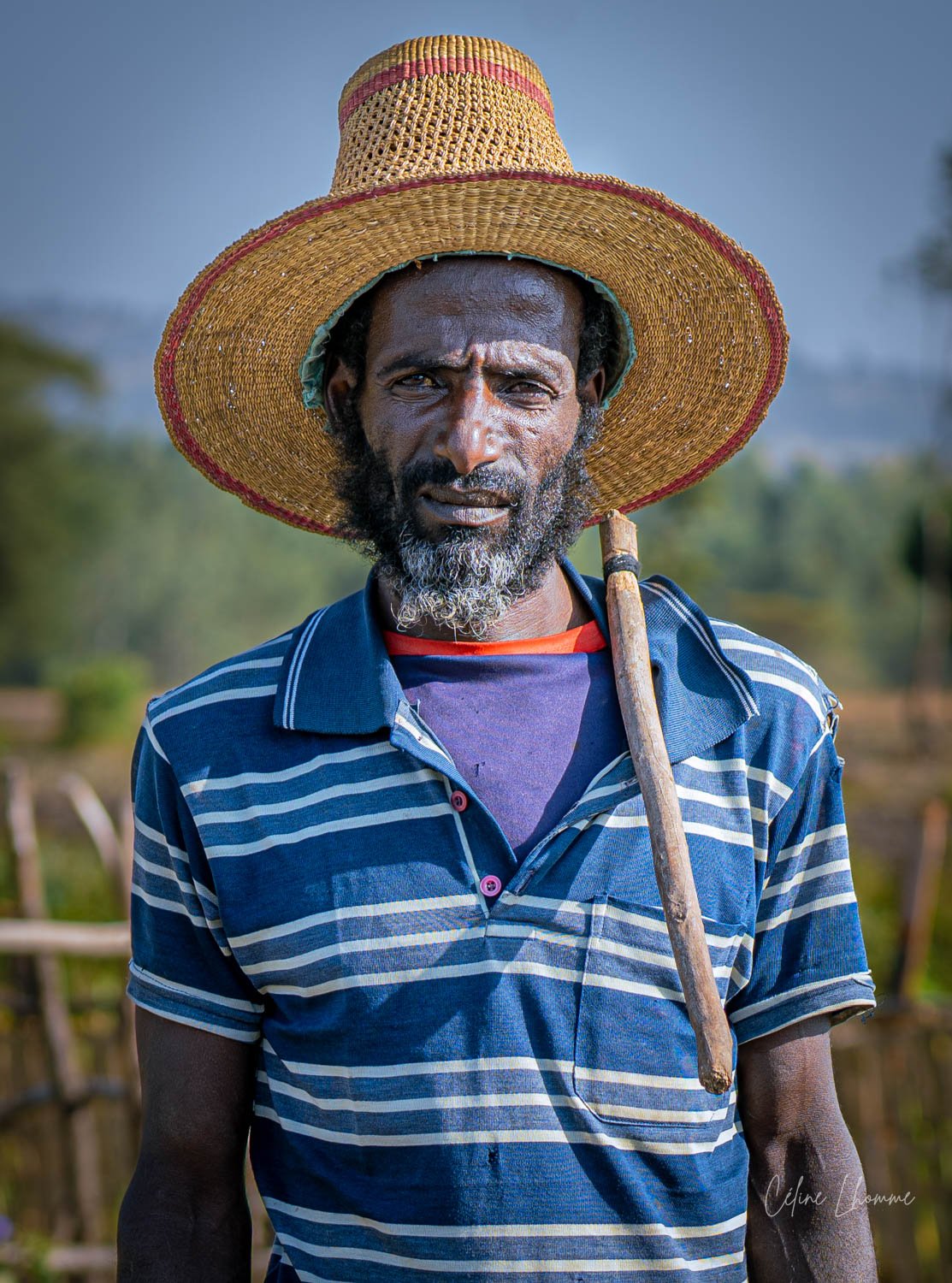 A man with a beard wearing a large straw hat, striped shirt, and holding a stick, standing outdoors with blurry trees and sky in the background.