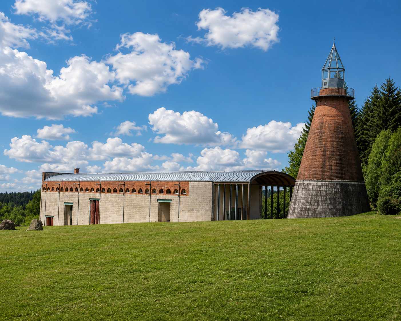 A lighthouse with a conical brick structure and glass top, standing next to a modern building with a curved metal roof, set in a grassy area with trees and a partly cloudy sky in the background.