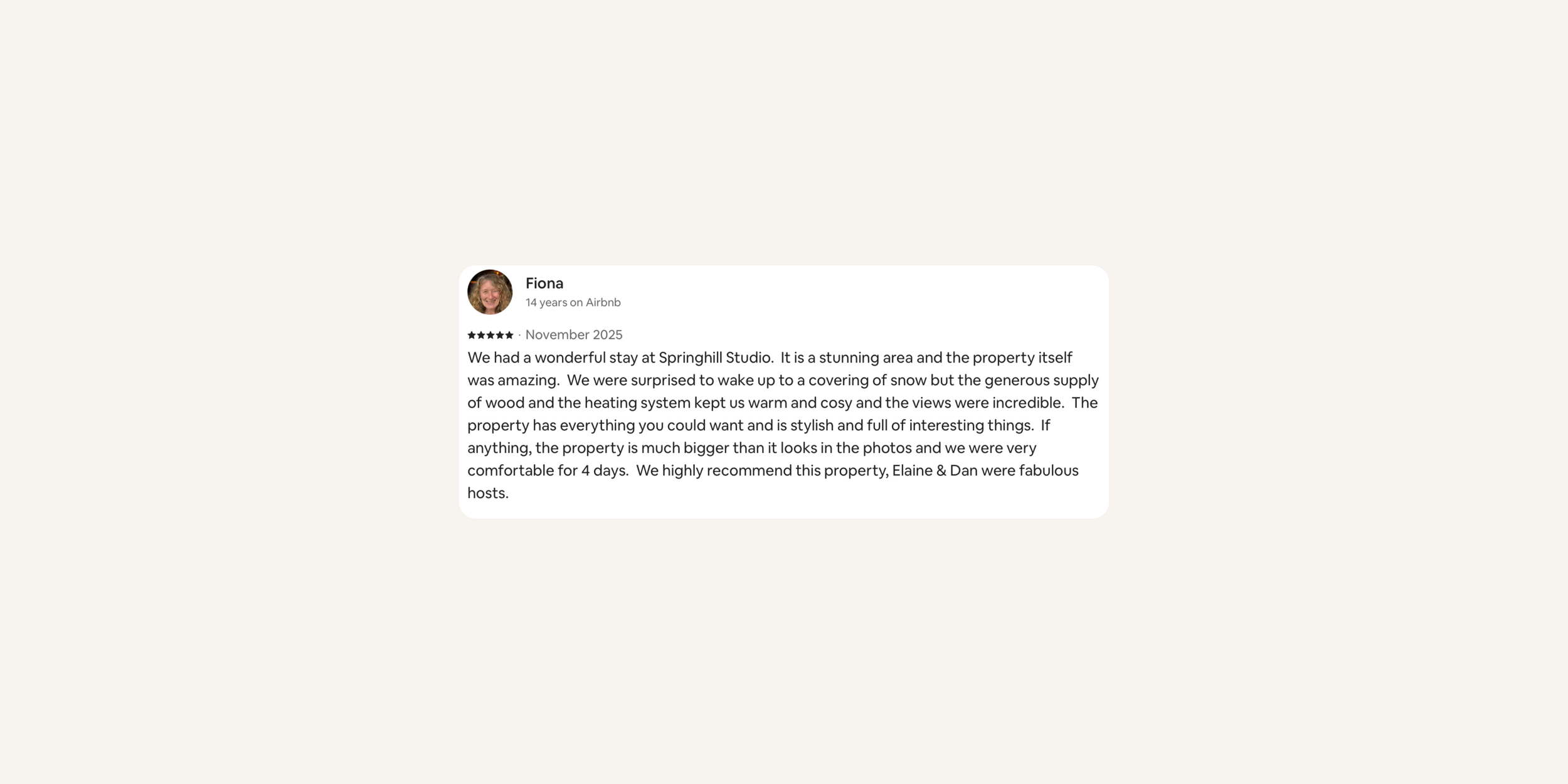 A positive Airbnb guest review from Fiona about her stay at Springhill Studio, mentioning the scenic surroundings, property features, and her recommendation.