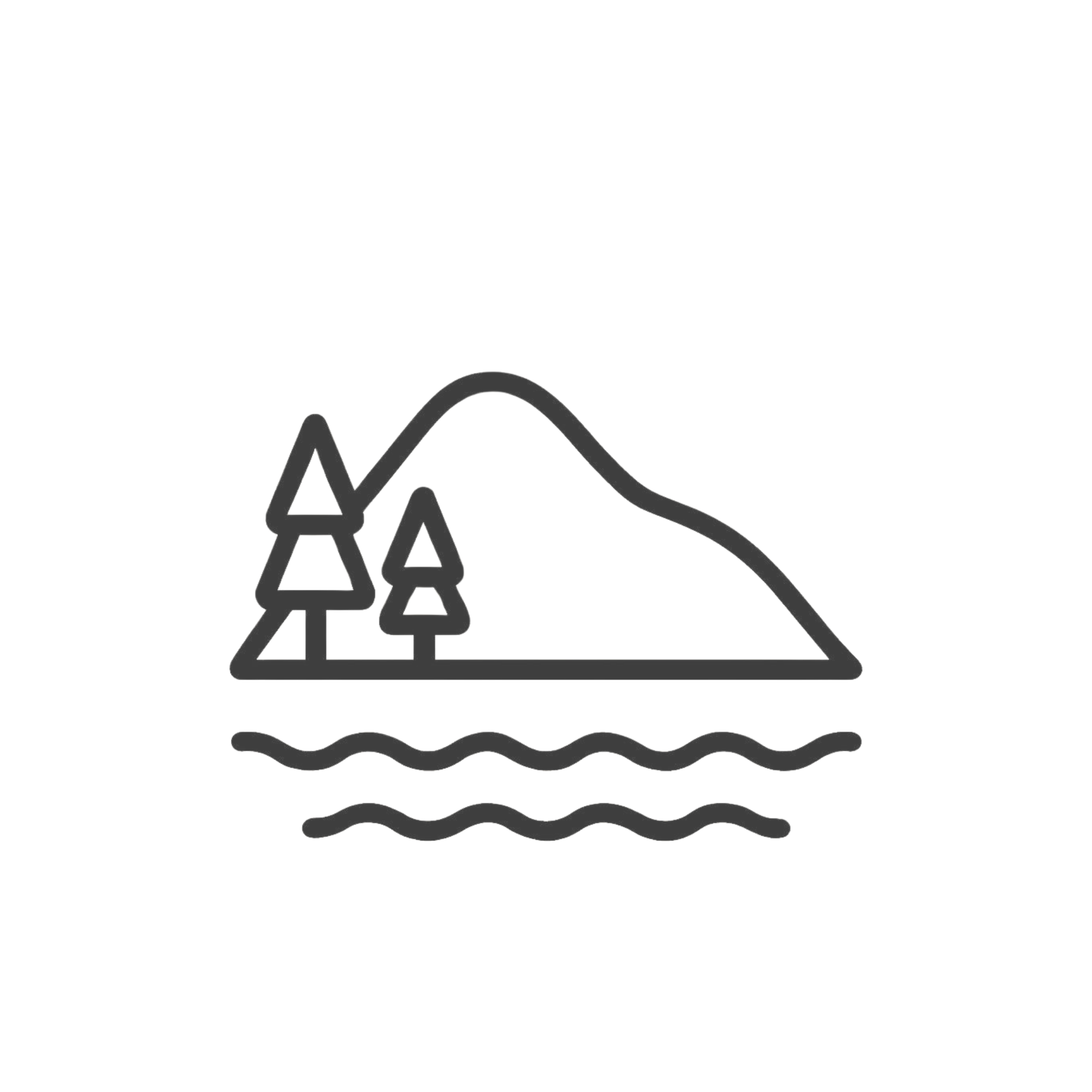 Line drawing of woodland trees and hills beside a lake.
