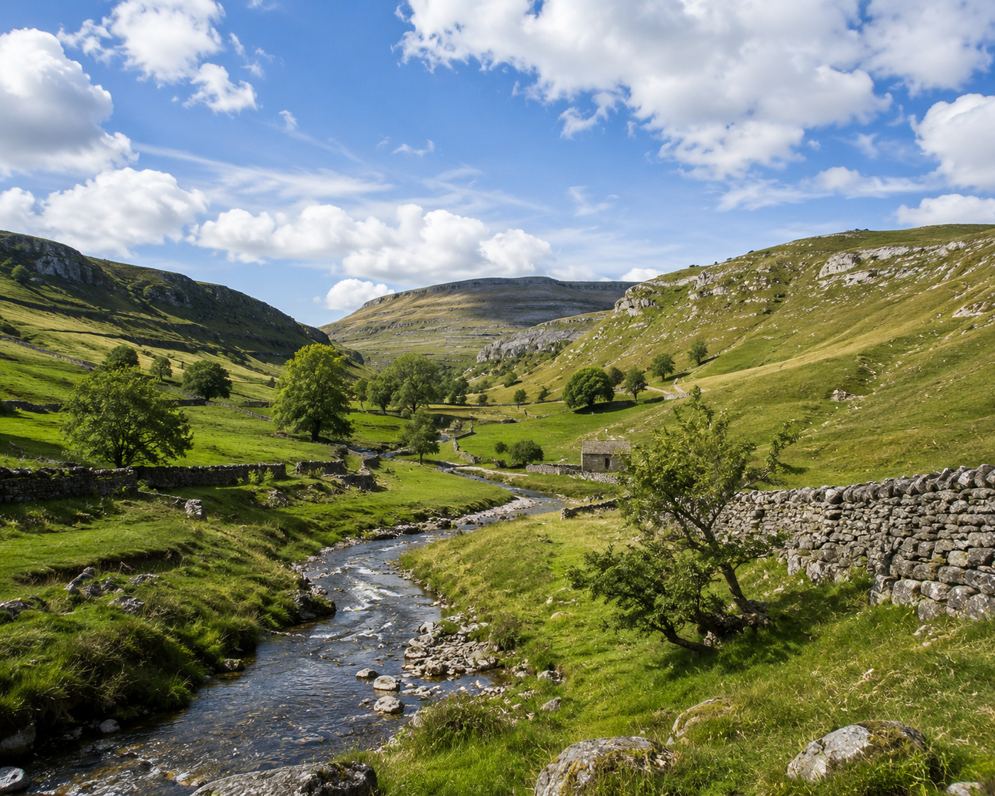 Scenic view of a green valley with a stream flowing through it, surrounded by rolling hills and scattered trees, under a partly cloudy sky.