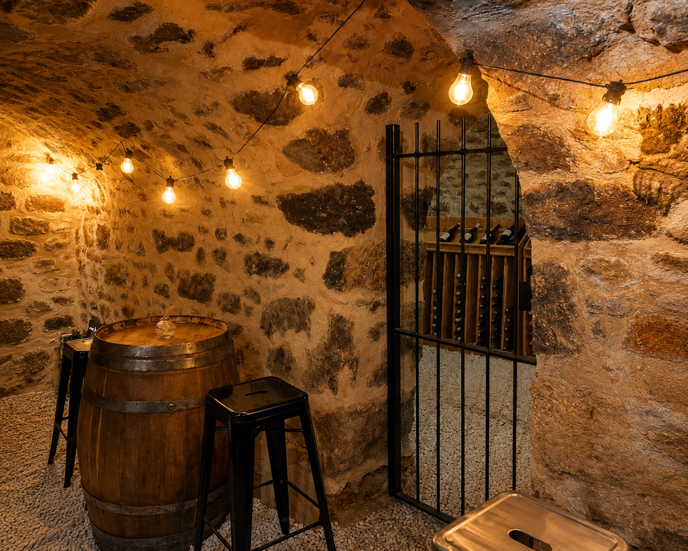 A cozy wine cellar with a stone wall and warm lighting from hanging light bulbs. There is a wooden wine barrel, black stools, and a metal wine rack.