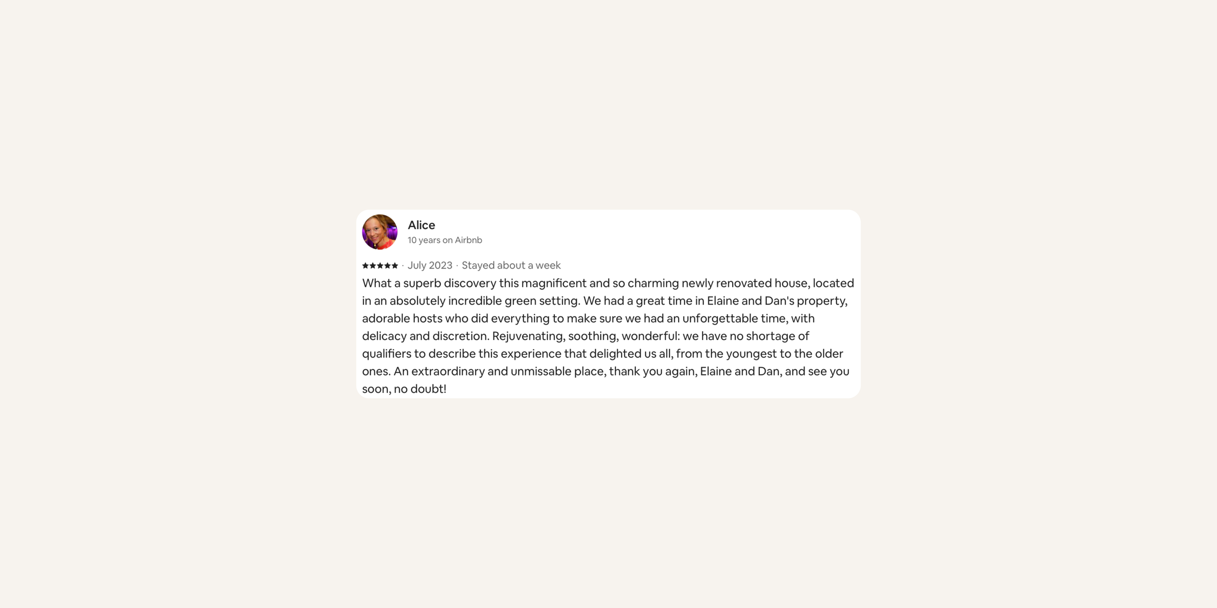 Airbnb review from Alice describing her positive experience at a beautifully renovated house with green surroundings, highlighting excellent hosts Elaine and Dan.