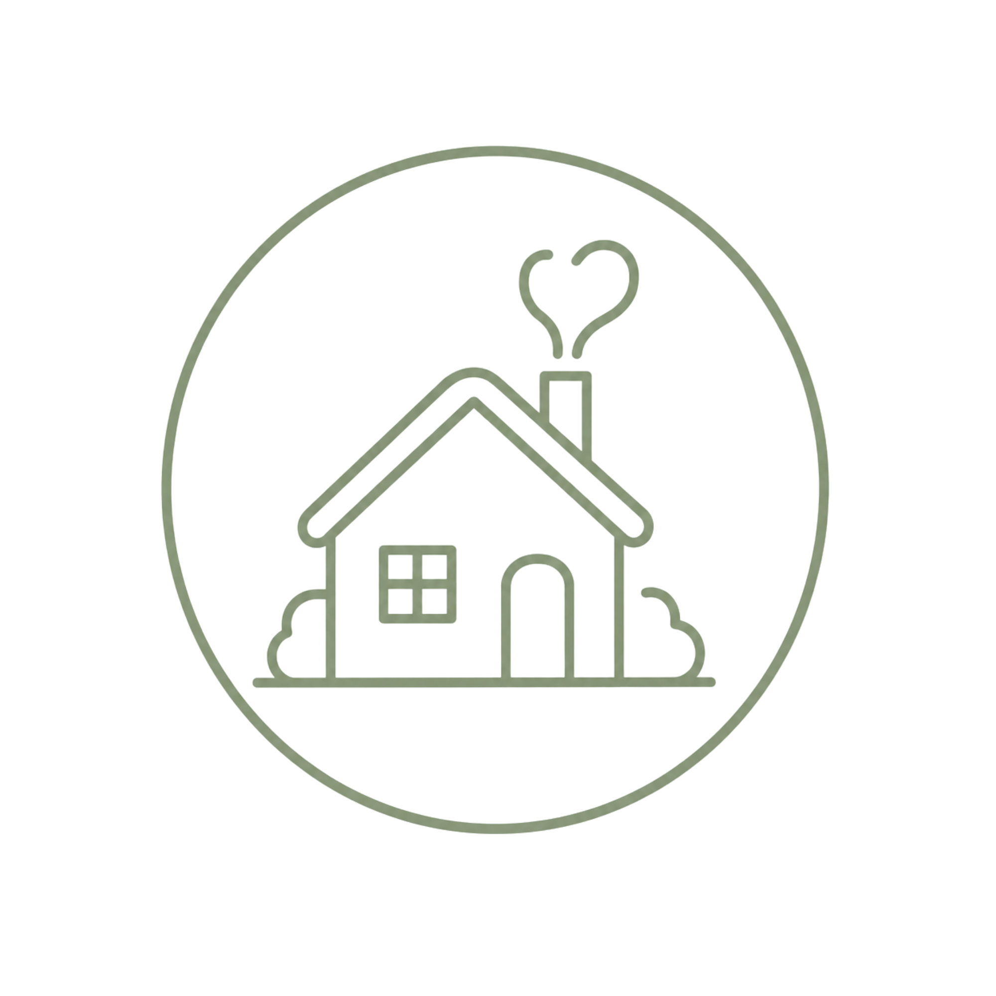 Minimalist illustration of a house with a tree, base, and a curved roof, enclosed within a circle.
