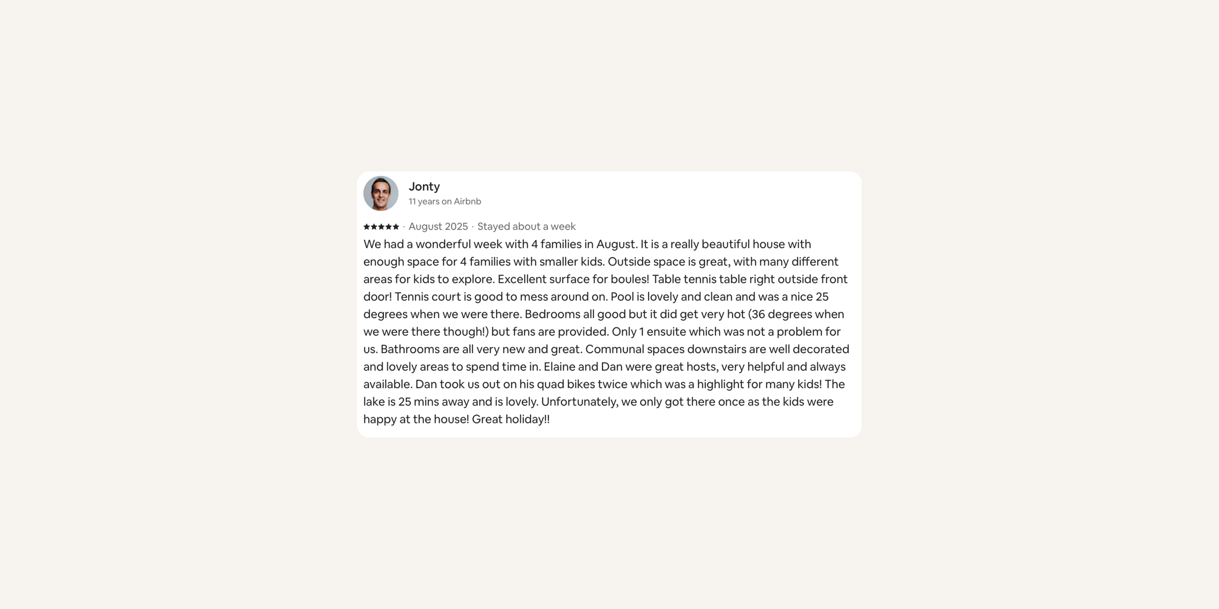 Screenshot of a TripAdvisor review about a holiday stay, including details about the house, outdoor space, amenities, and activities.