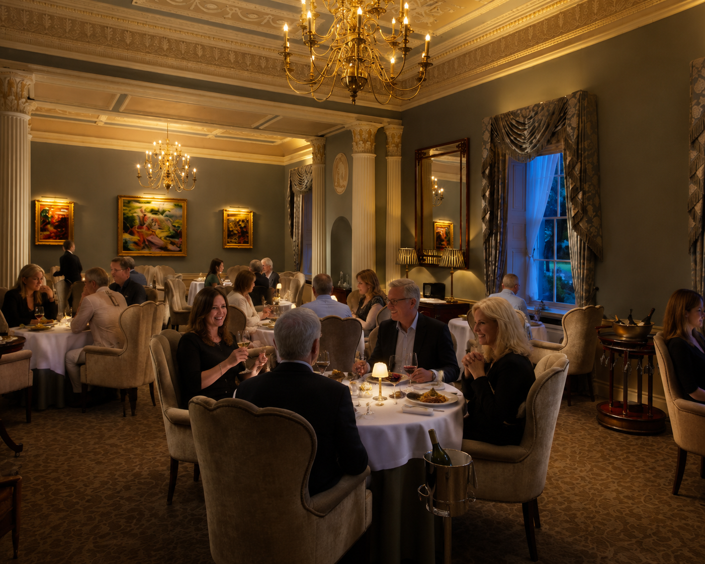Elegant dining room with chandeliers, blue walls, paintings, large windows with curtains, and people enjoying drinks and conversation at round tables.