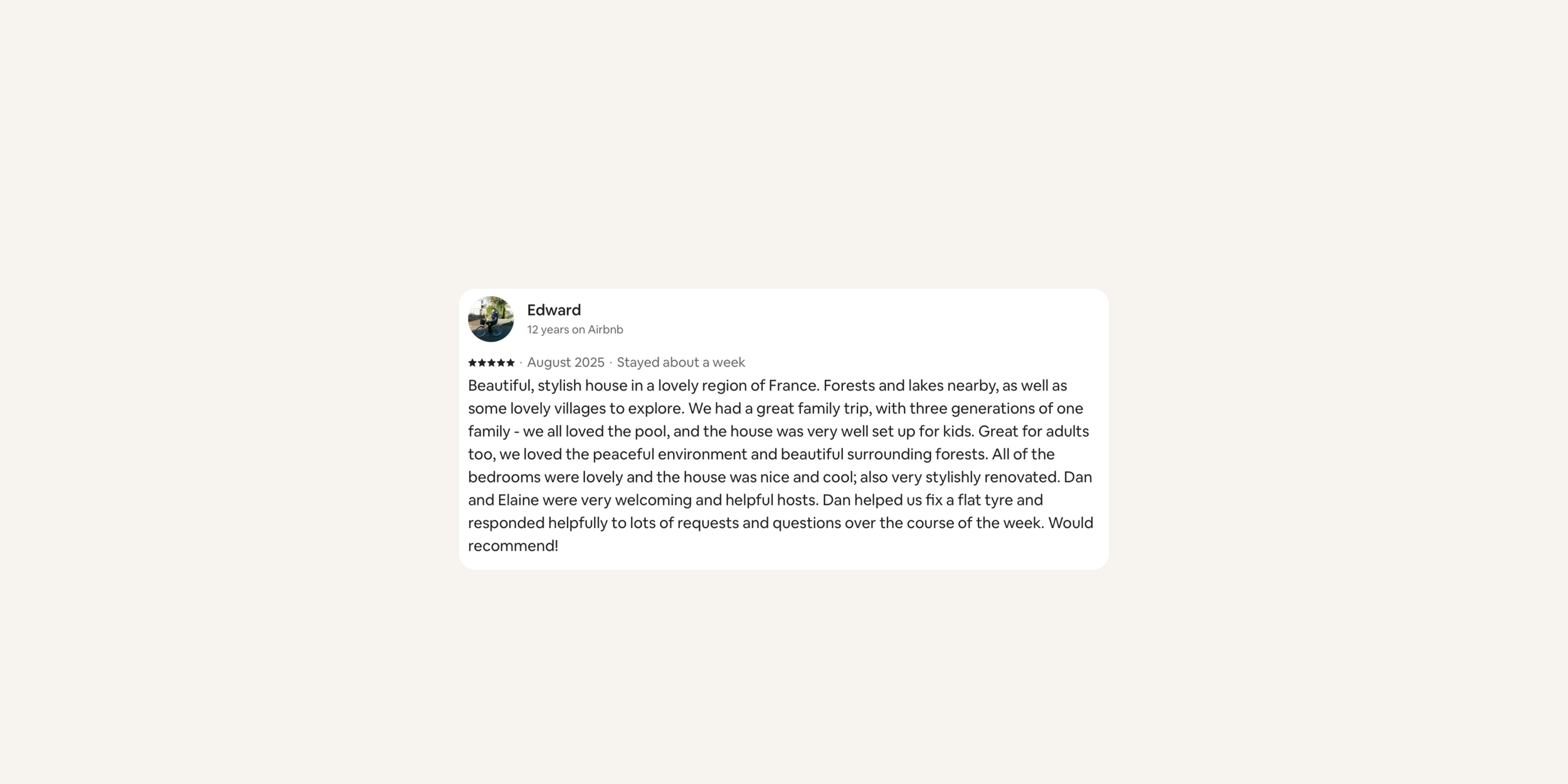 Airbnb review written by Edward about a house in France, mentioning nearby forests, lakes, villages, and family activities, with positive feedback on the hosts and the environment.