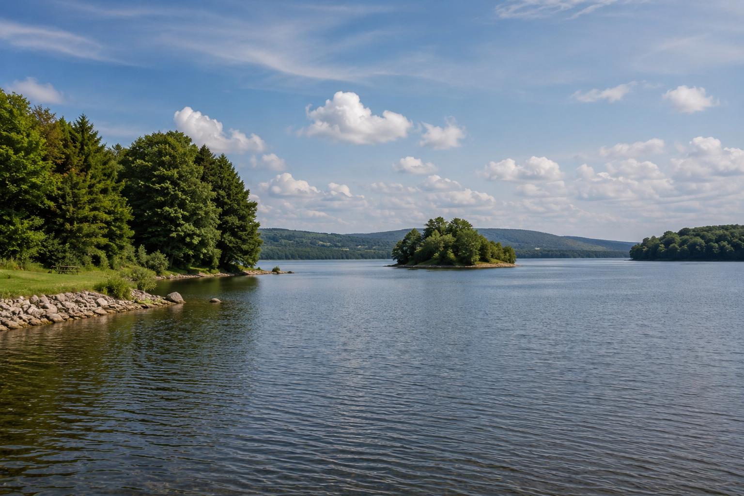 A peaceful lake with an island in the middle, surrounded by green trees and hills under a partly cloudy sky.