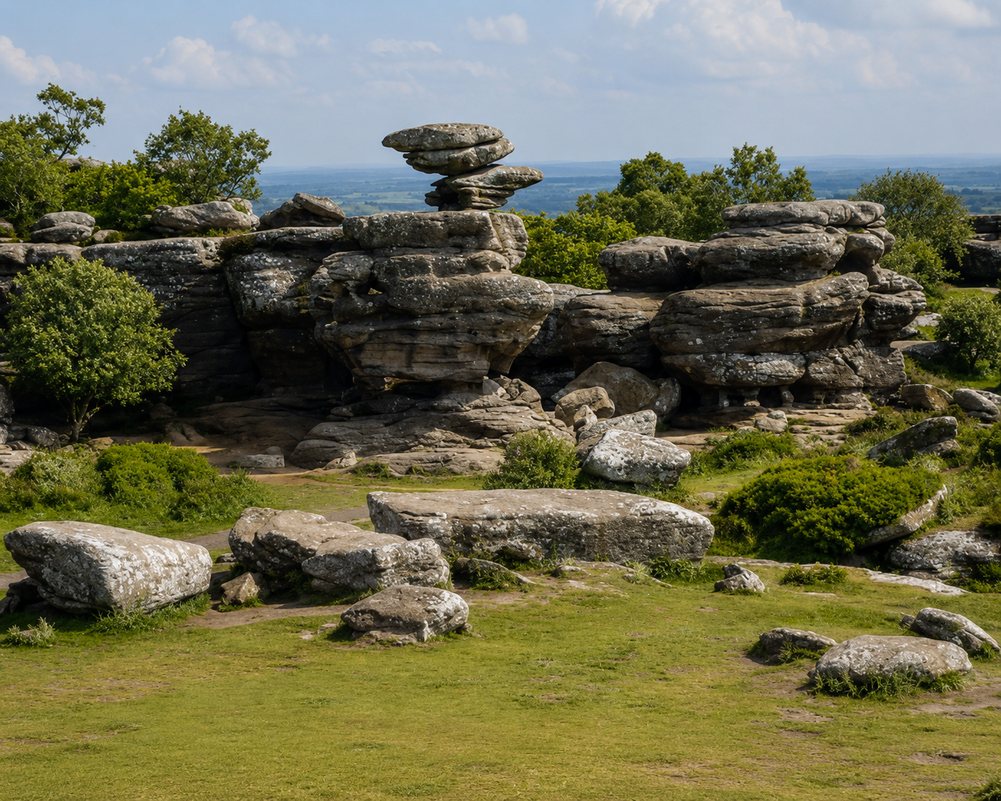 Rock formations with large, flat rocks balanced on top of each other surrounded by green trees and grass, with a view of a flat landscape in the background under a partly cloudy sky.