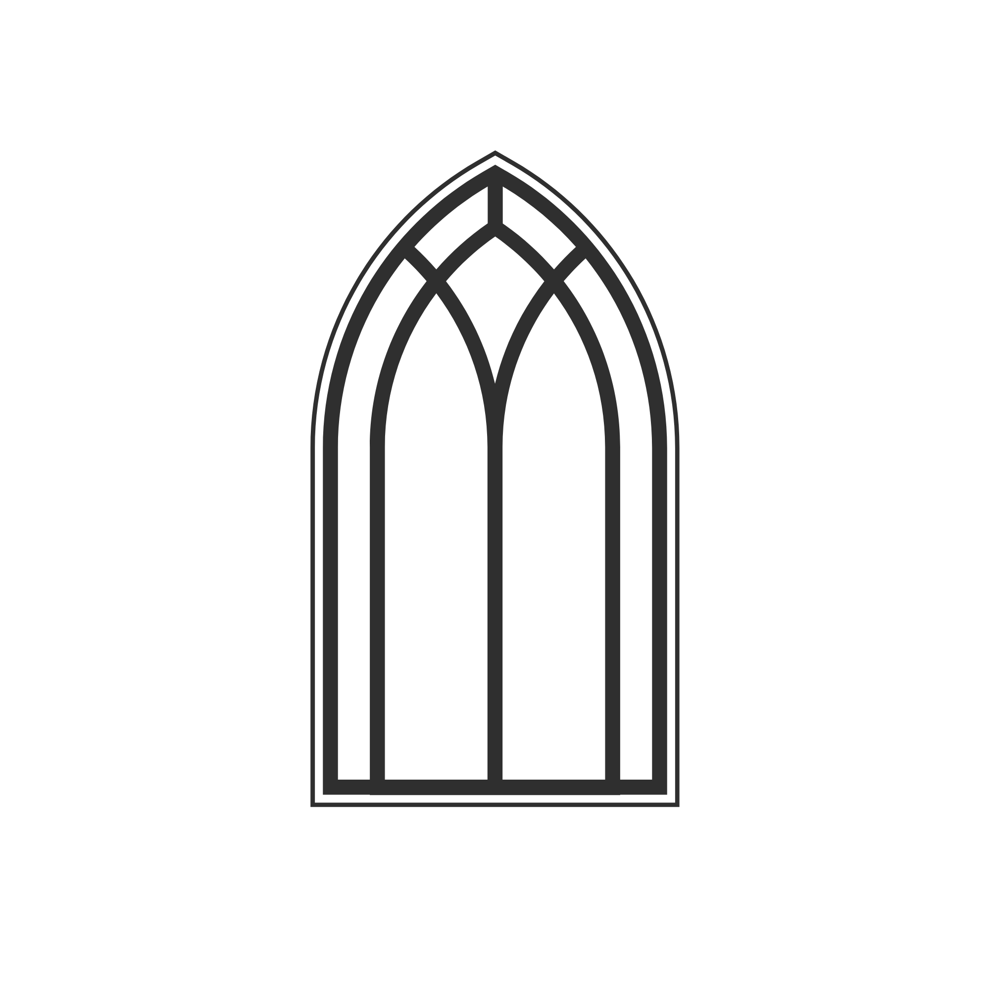 Black line drawing of a gothic-style arched cathedral window with intricate tracery.