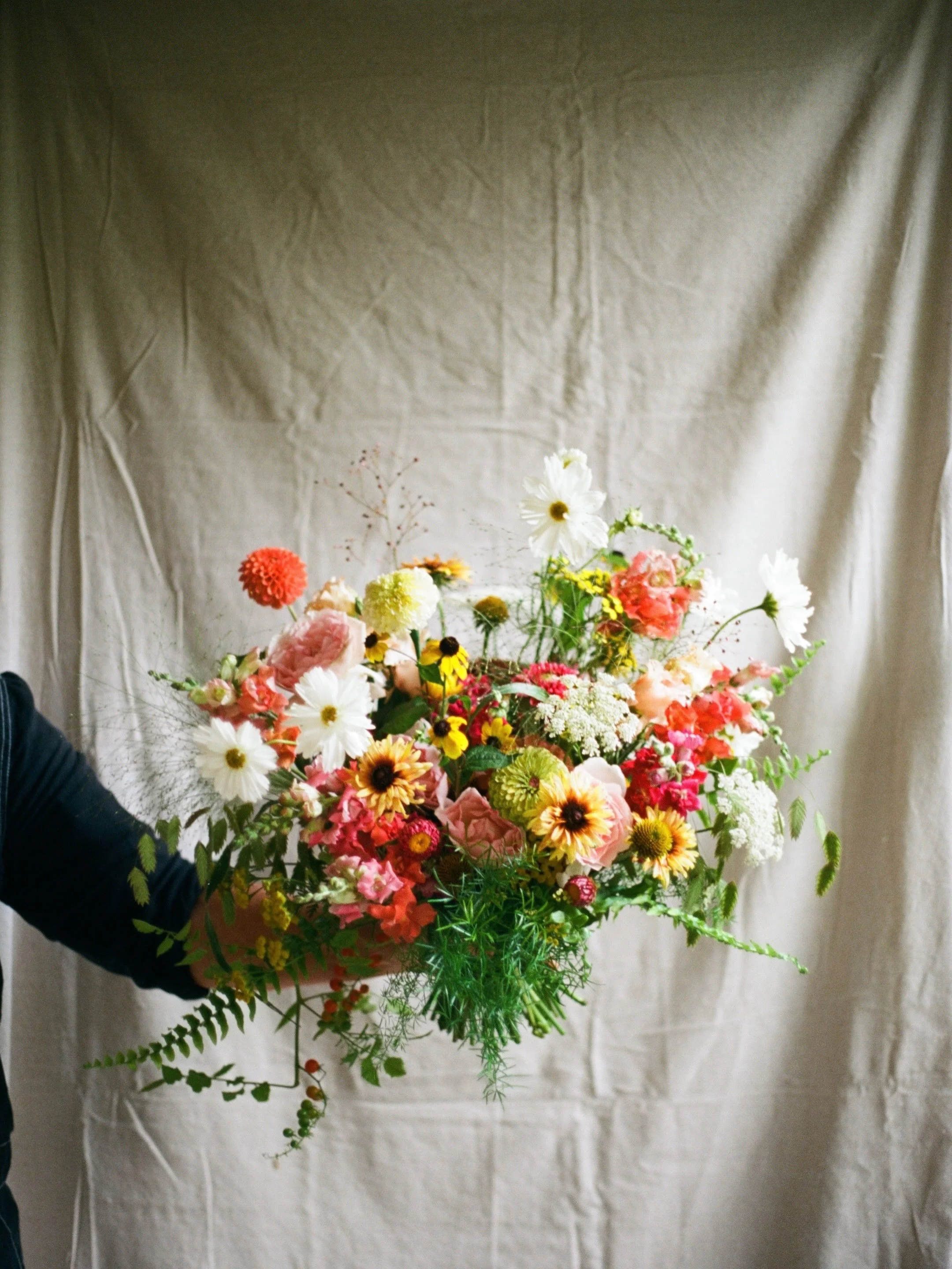 Kristie&rsquo;s bouquet on film. 

The details in this one were super sweet 🍅

Cosmos, dahlia, fern, marigold, riveroats, strawflower, garden rose, Dara, snapdragon, jewels of opar, triloba, rudbeckia, tansy, Lisianthus, coneflower, and zinnia. 

Fl