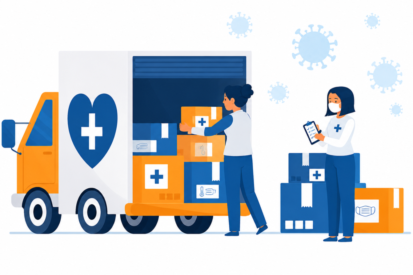 Illustration of two healthcare workers unloading medical supplies from a delivery truck with a blue heart and cross symbol. One worker is loading boxes into the truck, and the other is checking a clipboard, both wearing masks amidst virus icons.