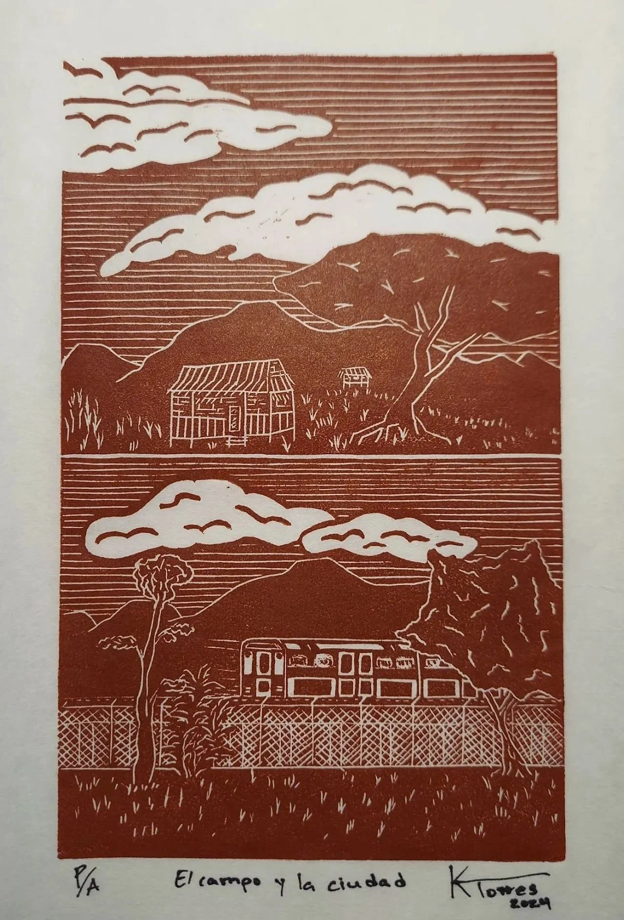 A detailed drawing or print depicting a rural landscape with mountains, a house, trees, clouds, and a train in the foreground, with a fence and handwritten text at the bottom.