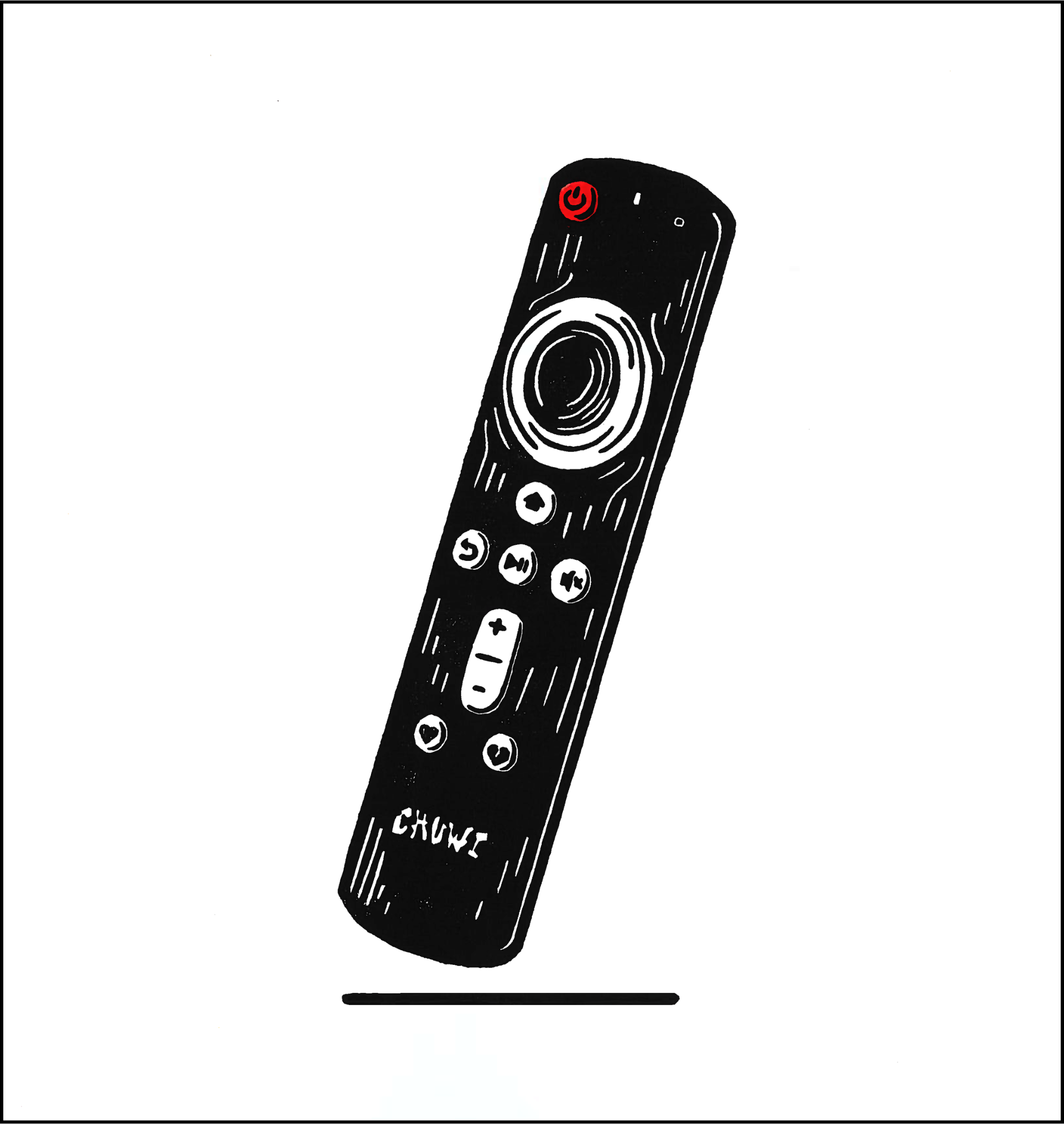 Illustration (print) of a remote control with symbols and buttons, including a red power button and other icons.